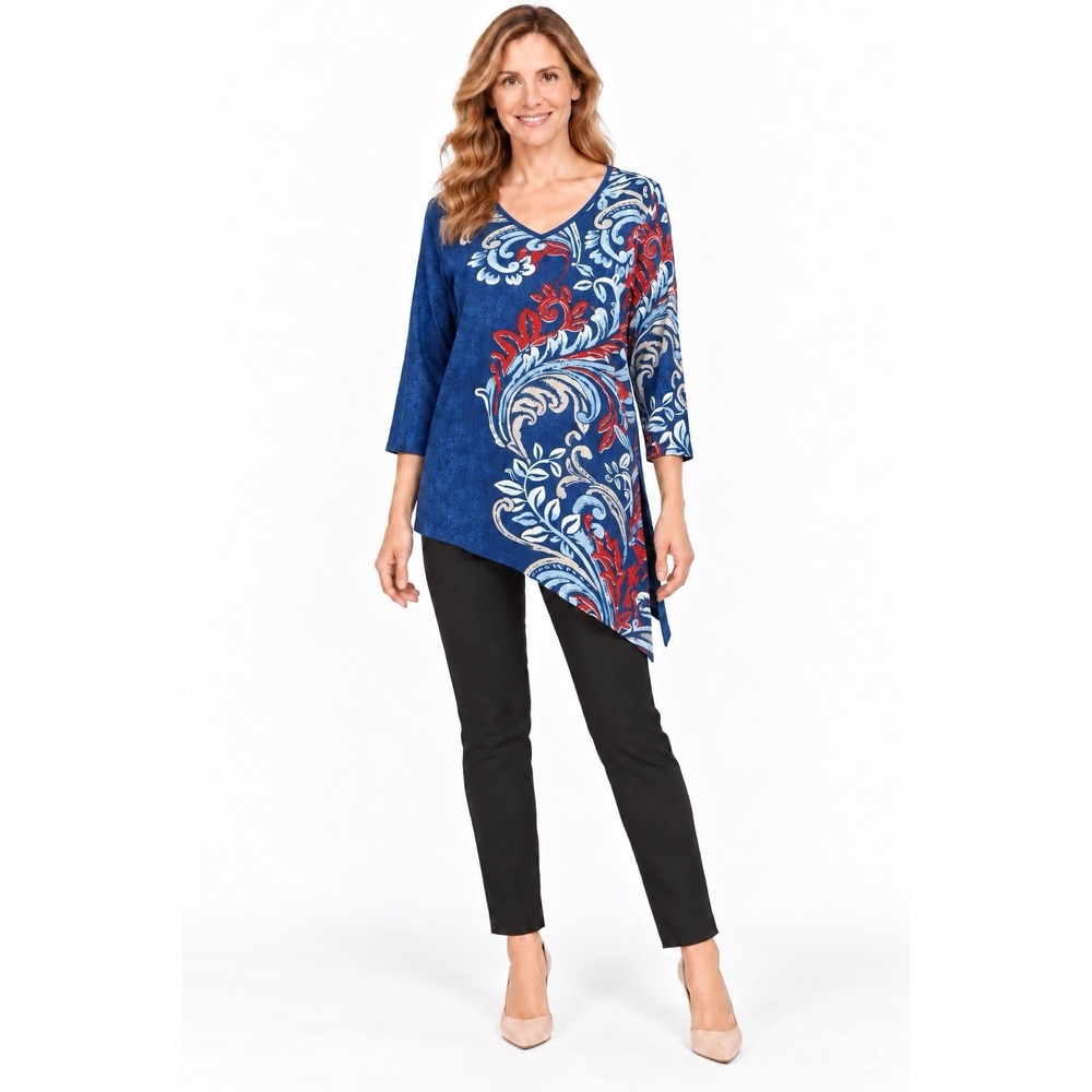 NWT Chico's Size 2 L Paisley Asymmetrical Tunic Top Blue Red 3/4 Sleeve Travel